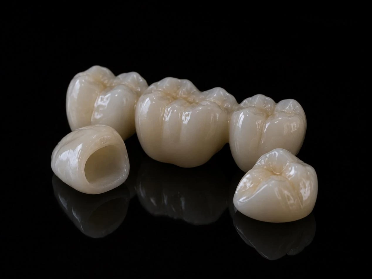 Glazed zirconia crowns showing smooth enamel-like luster and polished surface texture Glazed zirconia crowns showing smooth enamel-like luster and polished surface texture
